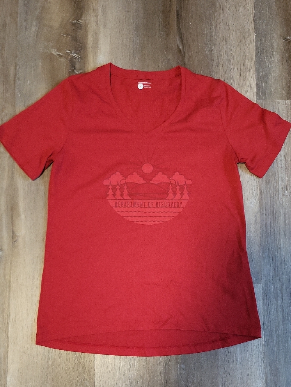Red Short Sleeve V-Neck Tee with Scenic Graphic